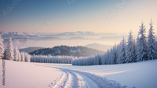Traces of a snowmobile run, winter background and pine forest on a clear day. AI generated.