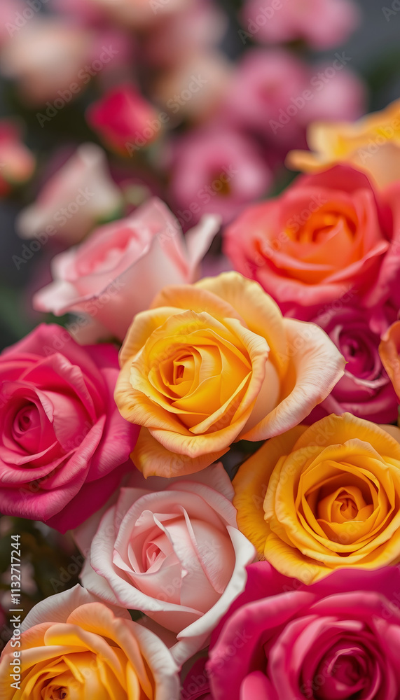 Fototapeta premium Sweet colorful roses in pastel colors, blur style, decorative flower background pattern, PPT background, dramatic atmosphere, with white tones