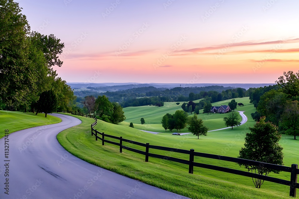 Naklejka premium Scenic sunrise over rolling hills, winding road.