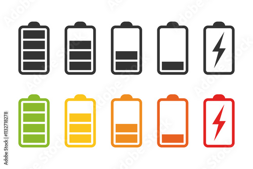 Battery charge graphic icon set. Level battery charging signs isolated on white background. Vector illustration