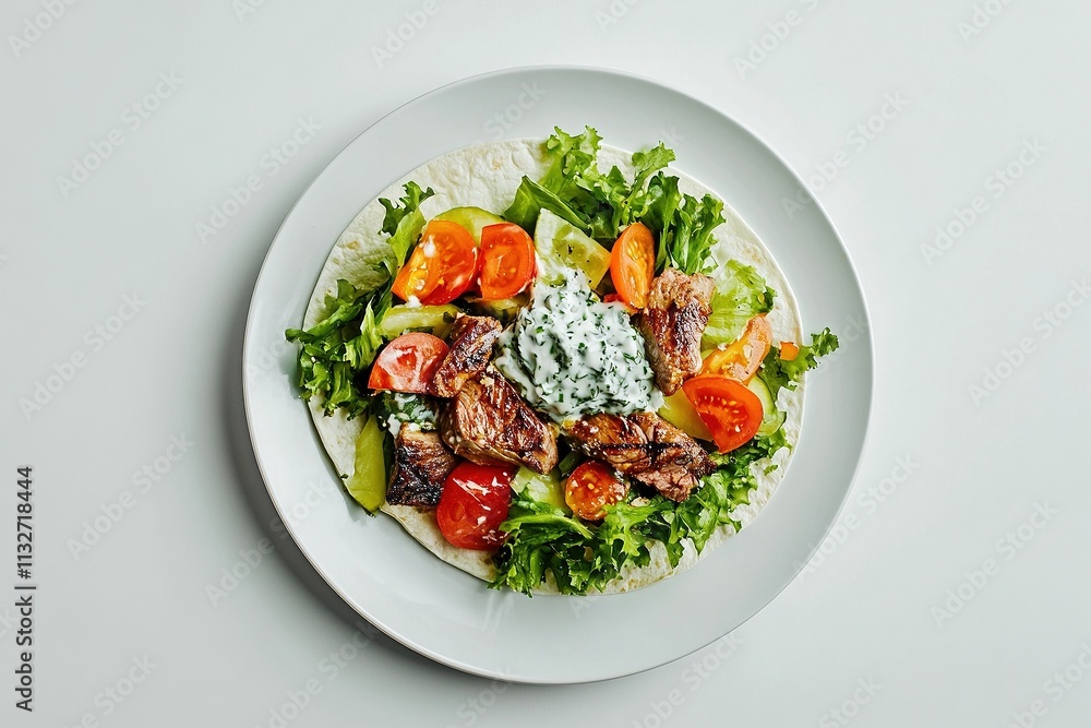 A lamb gyro wrap filled with grilled lamb, fresh vegetables, and tzatziki sauce. A lamb gyro wrap filled with grilled lamb, fresh vegetables, and tzatziki sauce.