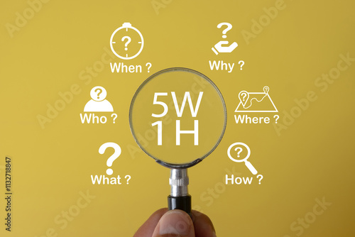 5W1H Infographic under magnifying glass concept for Strategic Business Thinking, Problem Solving,Business Strategy,Business Planning, Strategic Thinking,who what where when why how framework.