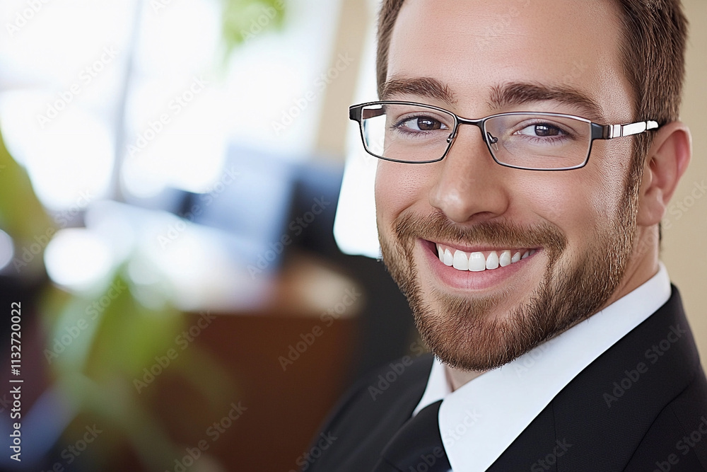Fototapeta premium Professional man smiling in office setting with glasses