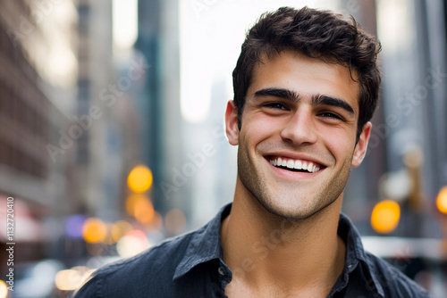 Smiling young man in busy city street photo