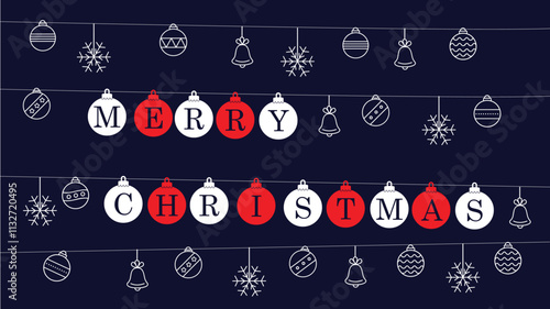 christmas ball with christmas tree decoartion hangings bells snowflakes wire lights festive mood banner for web page design red and white pretty simple minimal concept illustration merry christmas 