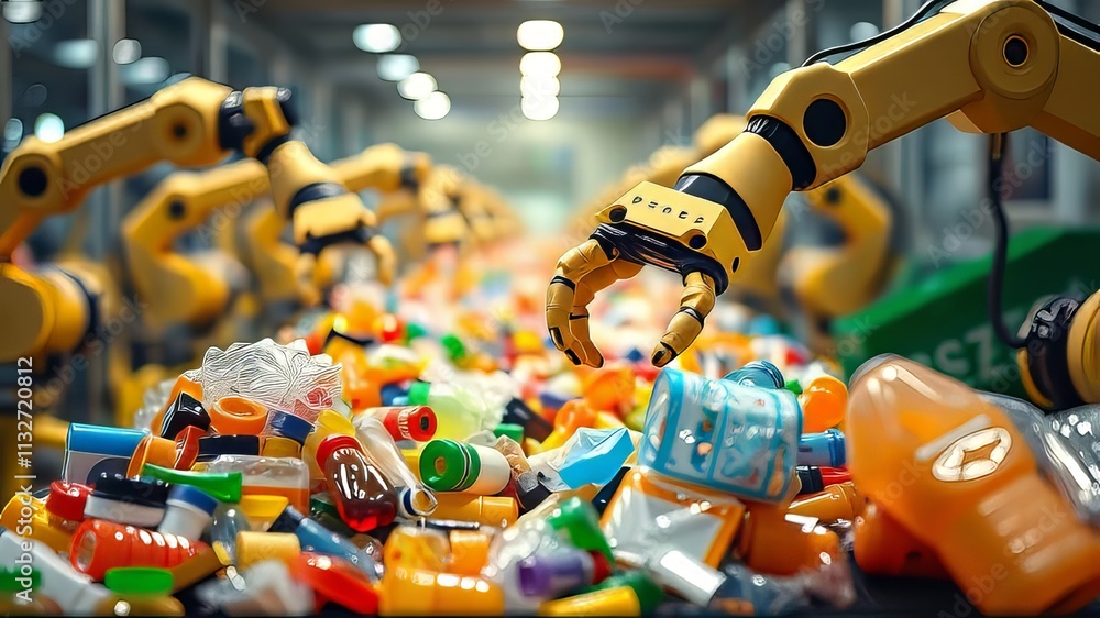 Obraz premium Automated Plastic Recycling: Robotic Arms Sorting on Conveyor Belt