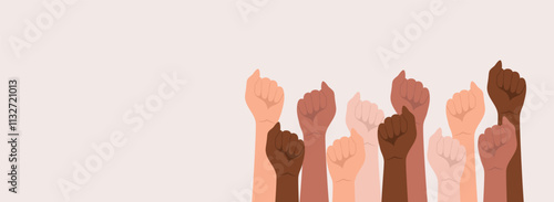 Hands of people of different nationalities and skin tones raised up and clenched into a fists on a beige background with copy space, flat vector illustration