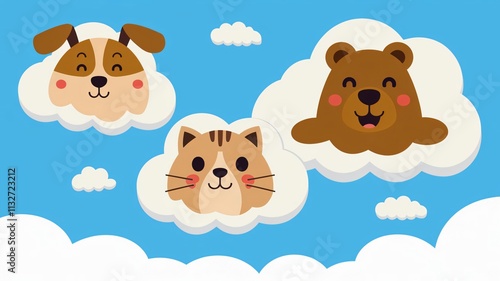 Adorable Cartoon Animals in Clouds, Dog, Cat, Bear Illustration photo