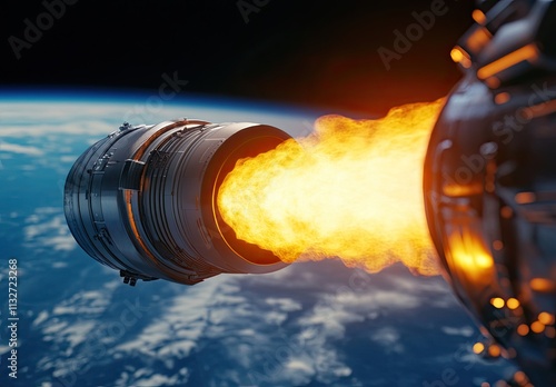 Close-up of a spacecraft engine, with white and orange lights. photo