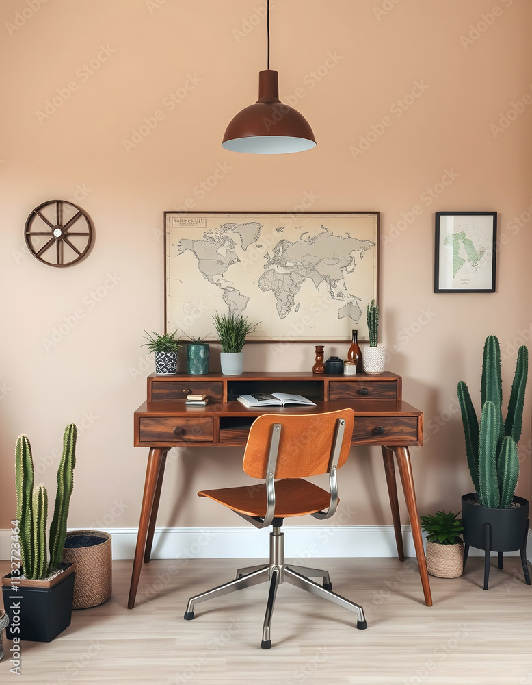 Fototapeta premium Modern Home Office Interior with World Map and Plants