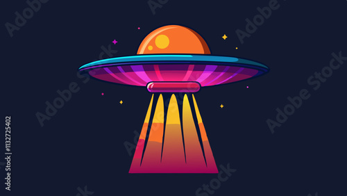 Retro-futuristic illustration of a UFO hovering over a desert landscape, with a bright sunset and neon lights.Vector neon print for 80s-90s style t-shirts