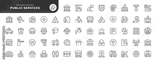 Public services line icon set. Court, social service, education, water, supply, electricity, nursing home, community center, transport, park, government. Outline vector icon. Pictogram collection.