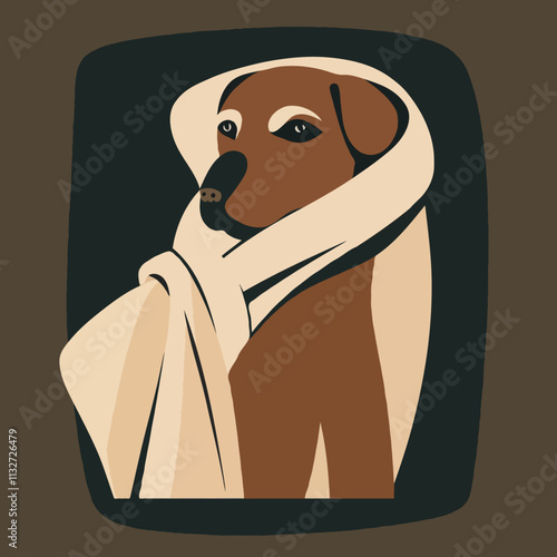 Dog wrapped in a towel in abstract minimalist style