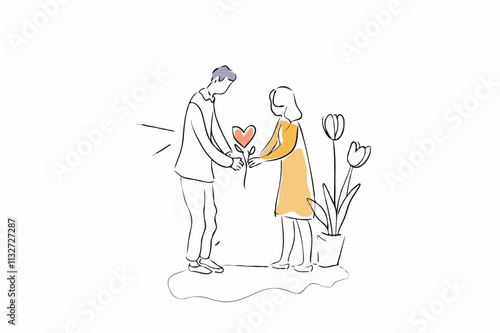 Couple exchanging a heart with tulips in minimalist illustration