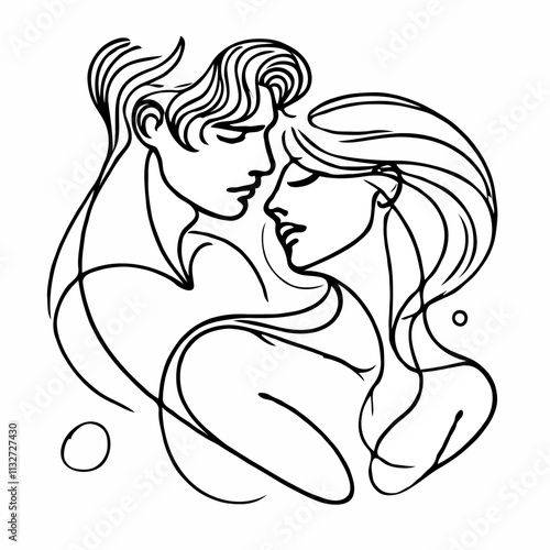 Romantic couple in minimalist flowing line art illustration