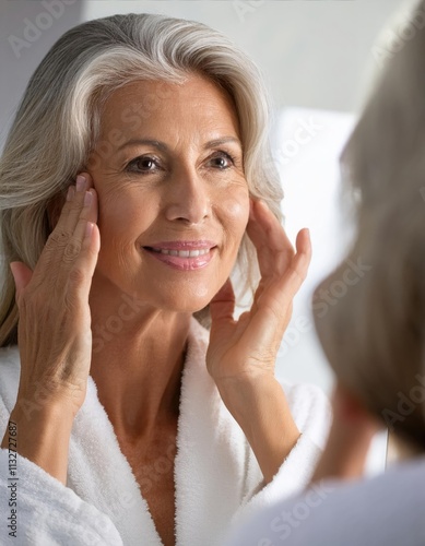 gorgeous mid age adult 50 years old blonde woman standing in bathroom after shower touching face, looking at reflection in mirror doing morning beauty routine  photo