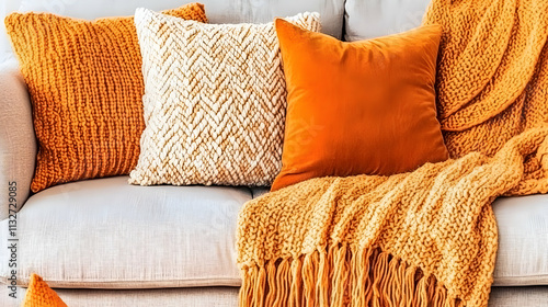 Cozy autumnal living room sofa with orange and cream textured throw pillows and blankets. photo