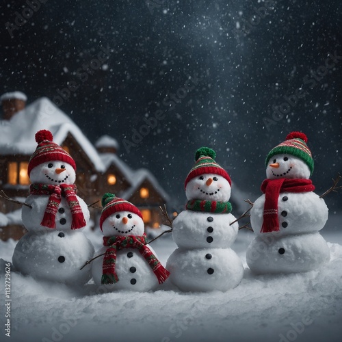 Illustrate a family of snowpeople enjoying Christmas.

 photo