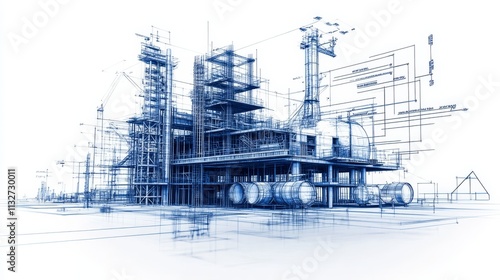 Urban skyline under construction with detailed blueprints, cranes, and high-rise buildings, illustrating modern architectural design and city development