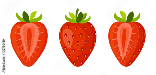 Fresh sweet strawberries. Halved and whole Red berries. Hand drawn summer strawberry trendy flat style isolated for design. Vector illustration