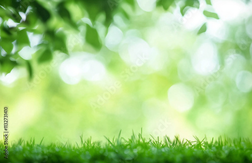 A vibrant patch of green grass sits beneath a canopy of fresh foliage, basking in the bright daylight. The scene evokes a peaceful and refreshing outdoor atmosphere.