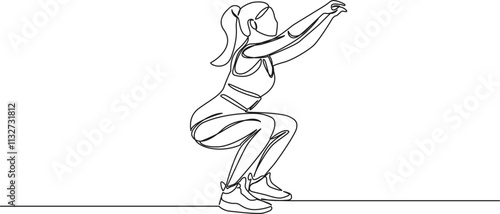 continuous line drawing of fit woman doing squats, line art vector illustration