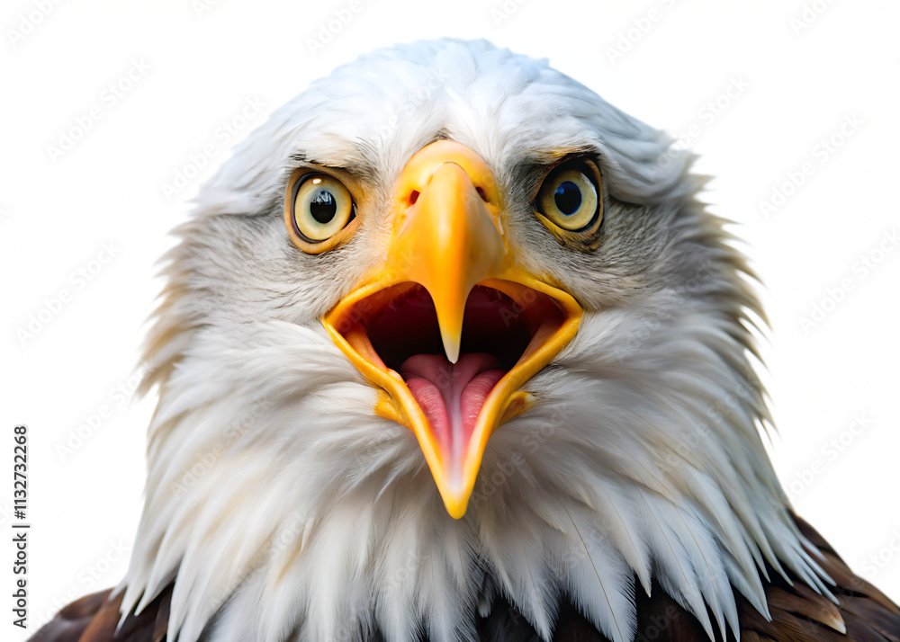 Obraz premium Close up portrait of a surprised bald eagle isolated on white background as transparent. PNG. AI GENERATED 