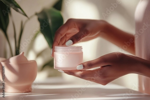 Elegant woman holding a pink jar of cream in soft natural light with blurred greenery in the background, highlighting beauty, skincare, and self-care themes photo