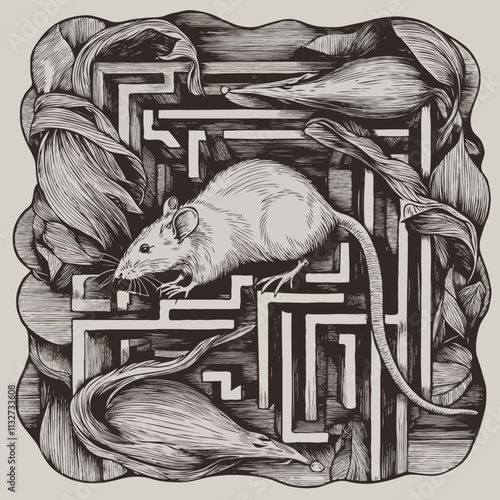Intricate illustration of a mouse playing in a maze with tulip leaves illustration