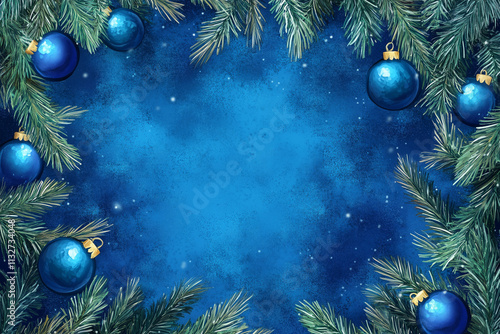 Watercolor blue Christmas background with fir branches and Christmas tree toys and decorations. Top view, Free space for text, copyspace