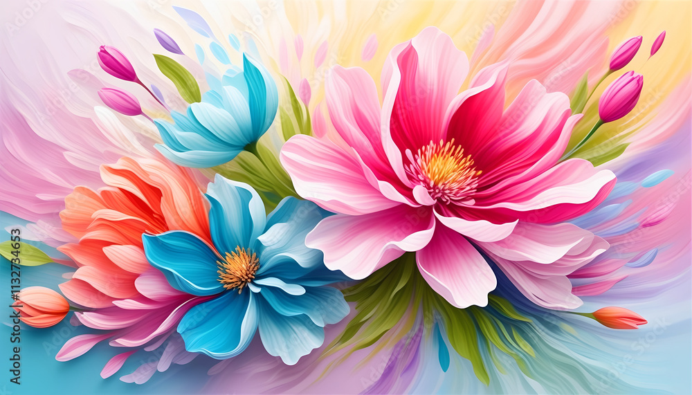Obraz premium vksna, blooming flowers, picture on the wall. pink flowers. red, blue, Spring theme image, banner, wall decoration. blooming flowers - aesthetic illustration - oil painting