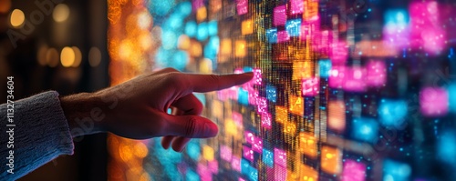 Hand interacting with a digital screen covered in colorful sticky notes and data streams, showcasing digital collaboration, data management, and tech innovation