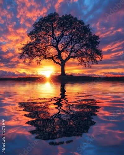 Lone tree standing tall in front of a vibrant sunset, symbolizing nature s strength, beauty, and resilience in a tranquil and peaceful setting photo