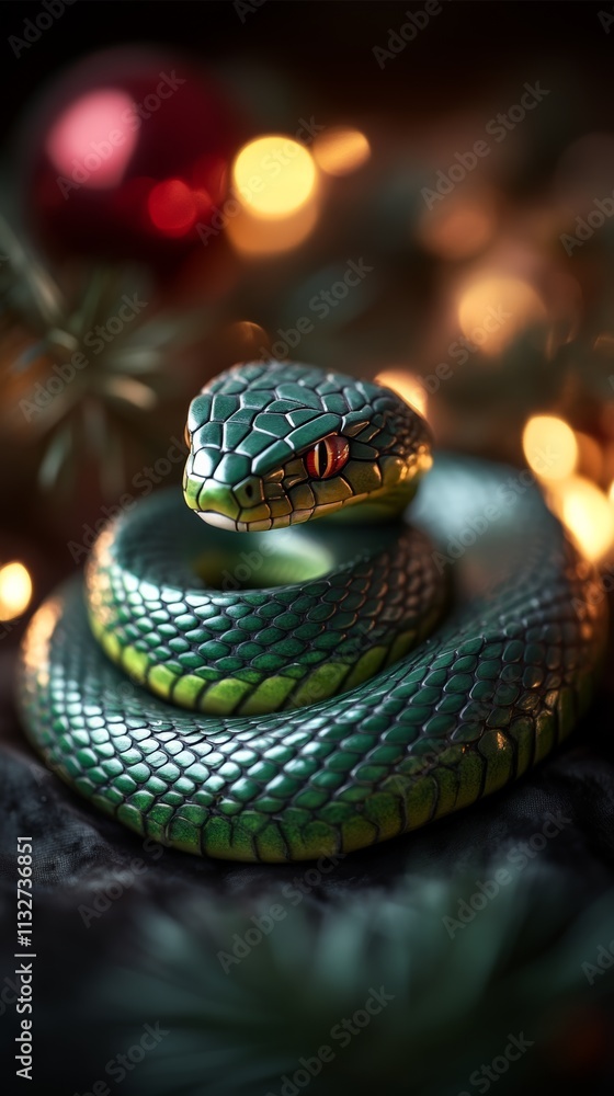 Obraz premium Vibrant green snake coiled among twinkling lights in a festive setting during evening hours