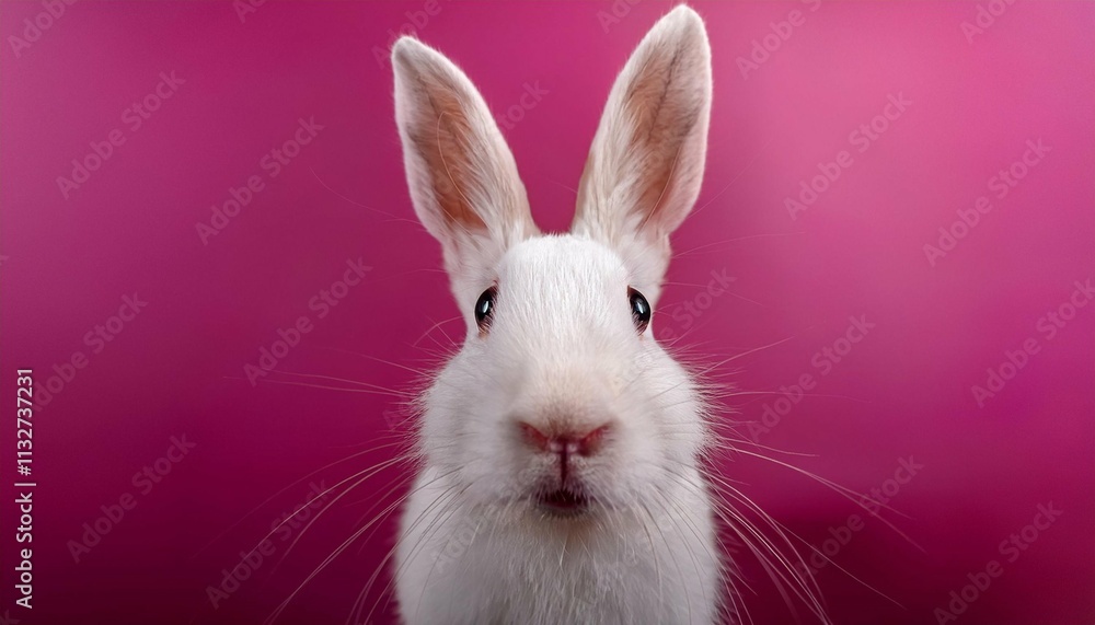 Obraz premium portrait of a white cute rabbit with surprised expression on a pink background surprised looking rabbit generative ai