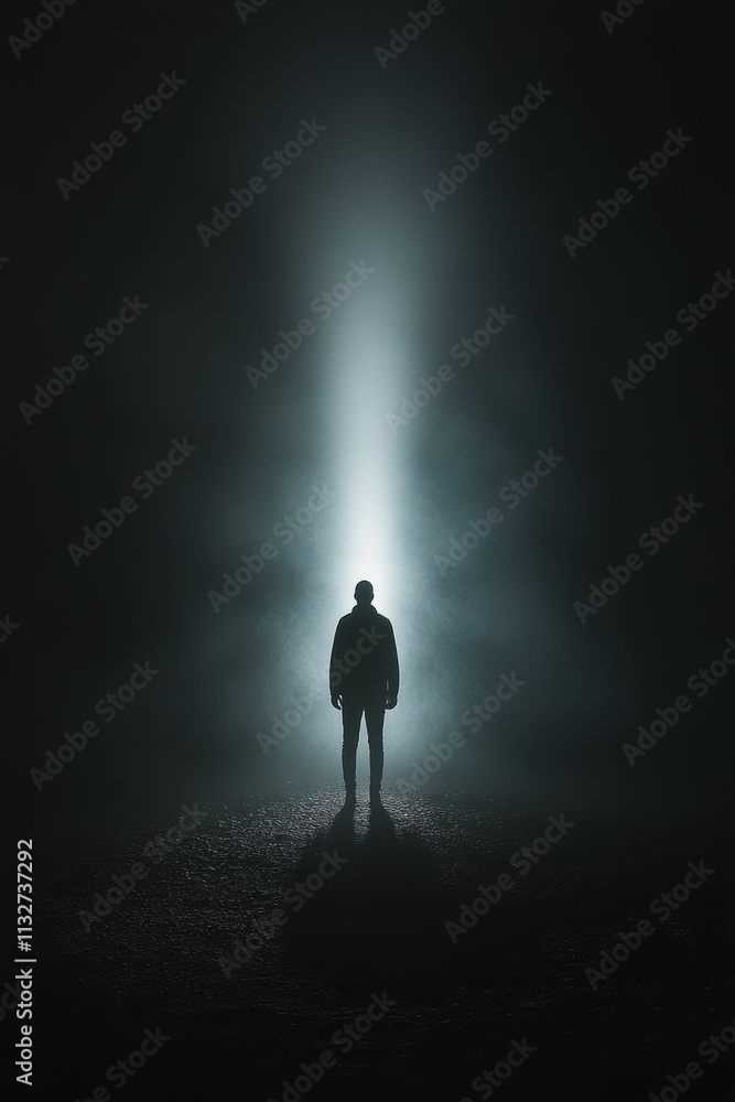 Obraz premium Silhouette, solitary figure, light, dark, mysterious.