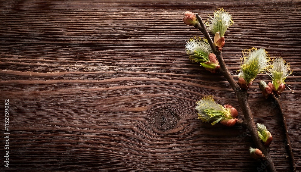 Fototapeta premium small branch with buds on rustic wooden background