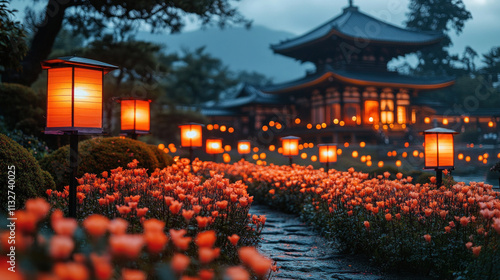 A glowing temple in Japan captured during a festival of lights in the evening photo