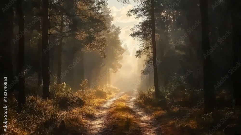 Fototapeta premium Sunlight piercing through foggy forest path nature scene tranquil environment serene viewpoint peaceful concept