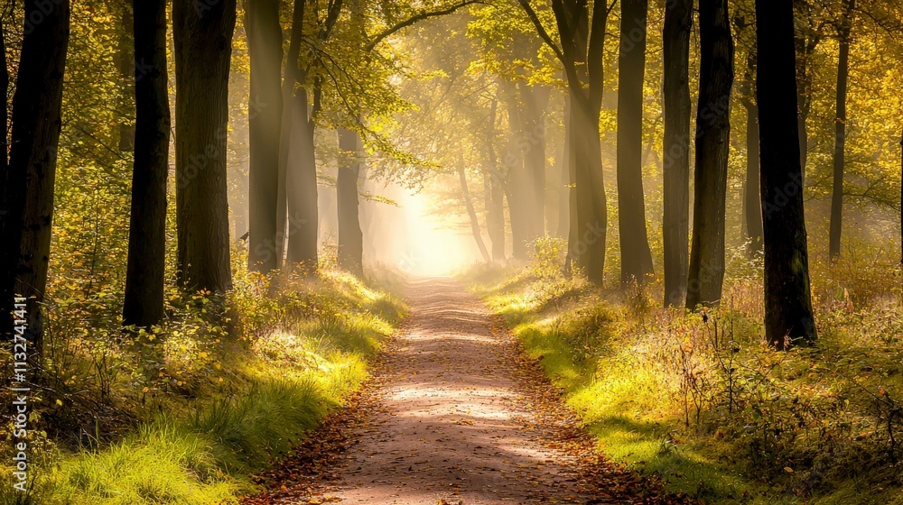 Obraz premium Tranquil autumn nature walk winding path through misty forest and tall trees for relaxation and scenic views