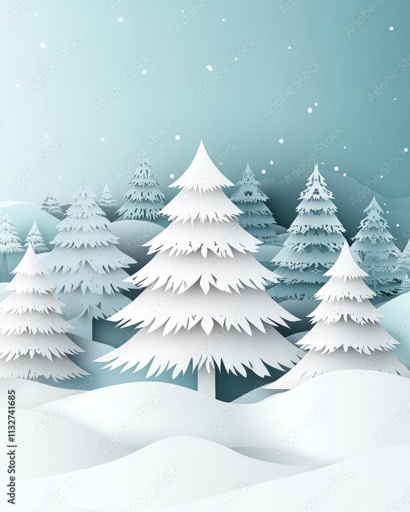 Obraz premium A serene winter landscape featuring white coniferous trees blanketed in snow against a calm blue backdrop.