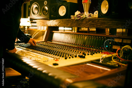 Close-up of a sound engineer adjusting knobs on a vintage audio mixing console in a professional recording studio.