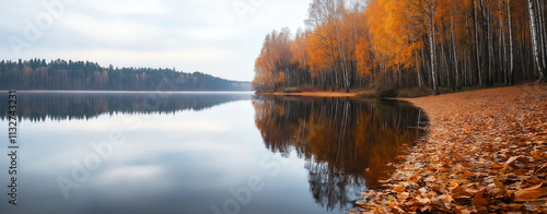 Autumn Reflections by the Lake. Generative AI photo