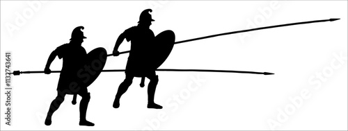 Macedonian phalanx. Greek hoplite with long spears sarissa. Historical vector drawing.