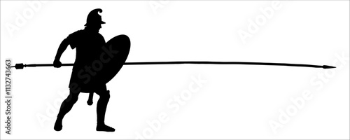 Macedonian phalanx. Greek hoplite with long spear sarissa. Historical silhouette vector drawing.