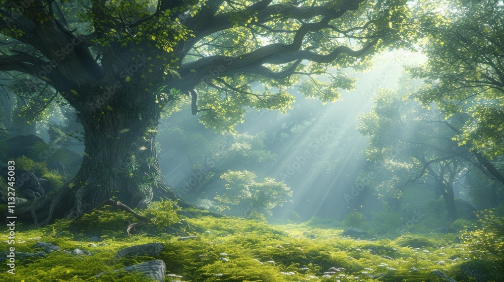 Obraz premium Sunbeams illuminate a mystical forest scene with lush greenery, ancient trees, and mossy ground.