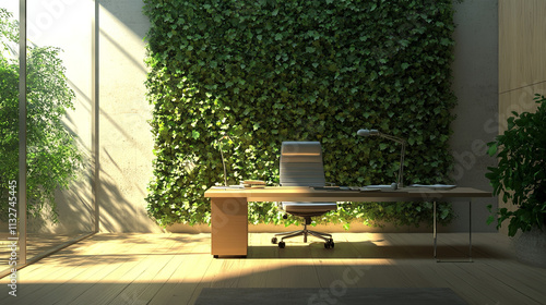 bright and airy office with large desk, green plants, and natural light