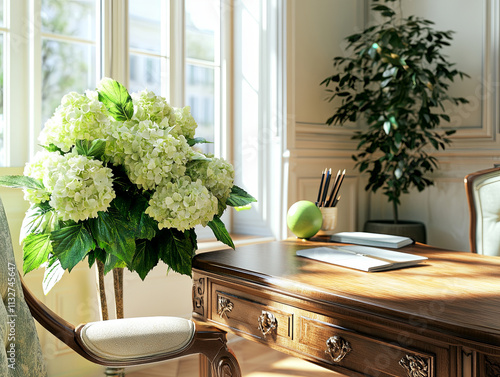 bright office corner with large desk, green plants, and flowers