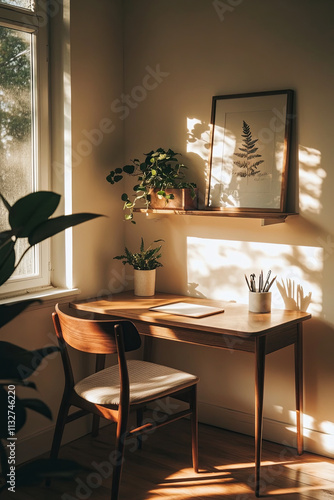 cozy home office with small desk, plants, and warm sunlight