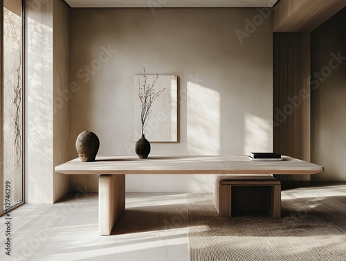 minimalist office featuring large wooden desk, natural light, and decor